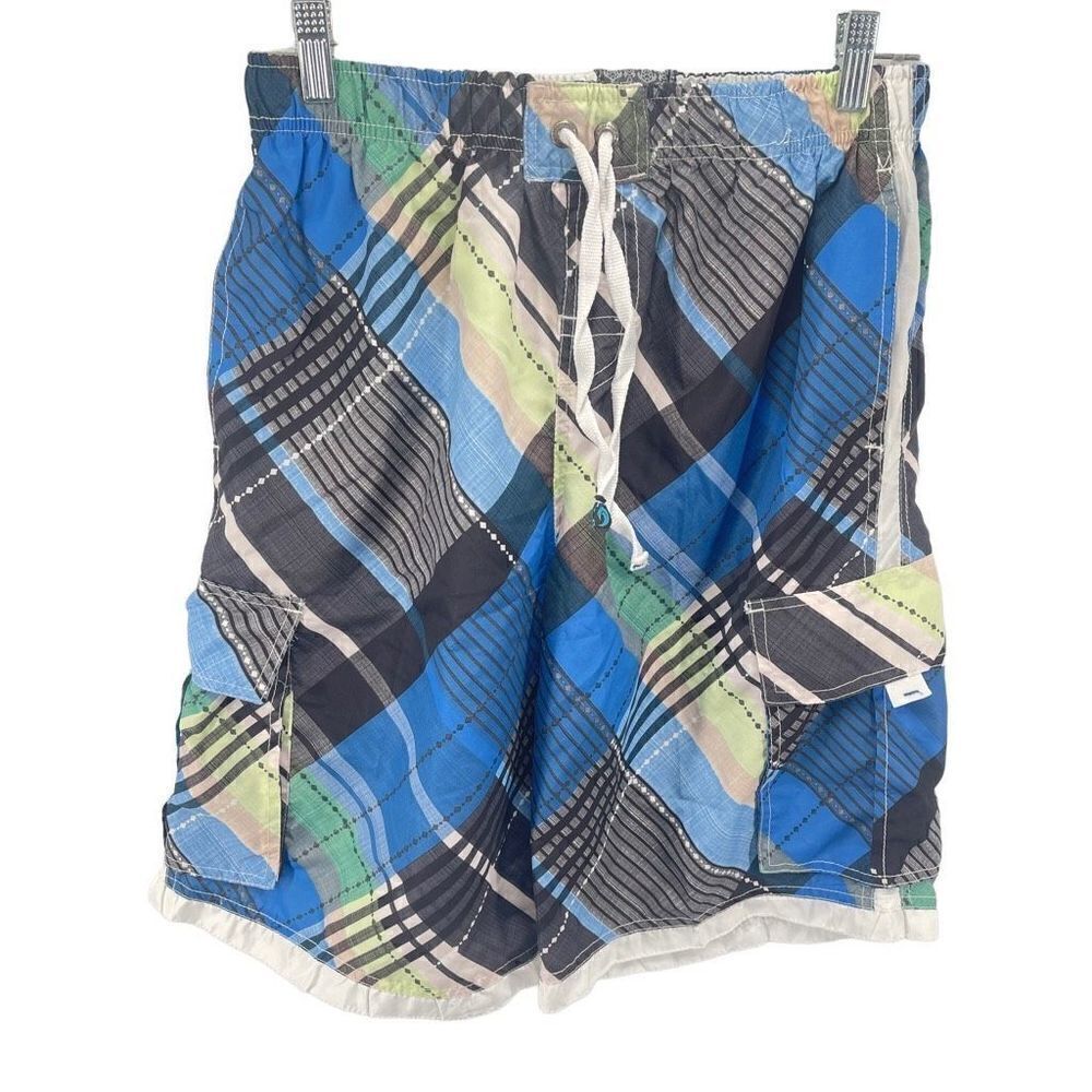 Banana Split Mens Board Shorts Plaid Mesh Lined Swimwear Blue Black Large